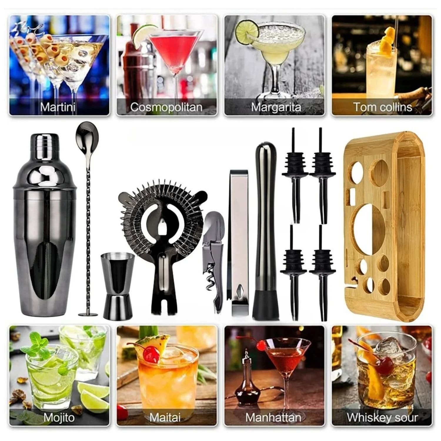 For Barware Set 12PCS Cocktail Shaker Set Bartender Kit Bar Set Bamboo Stand Matini Shaker Mixing Spoon Muddler Jigger Cocksrew