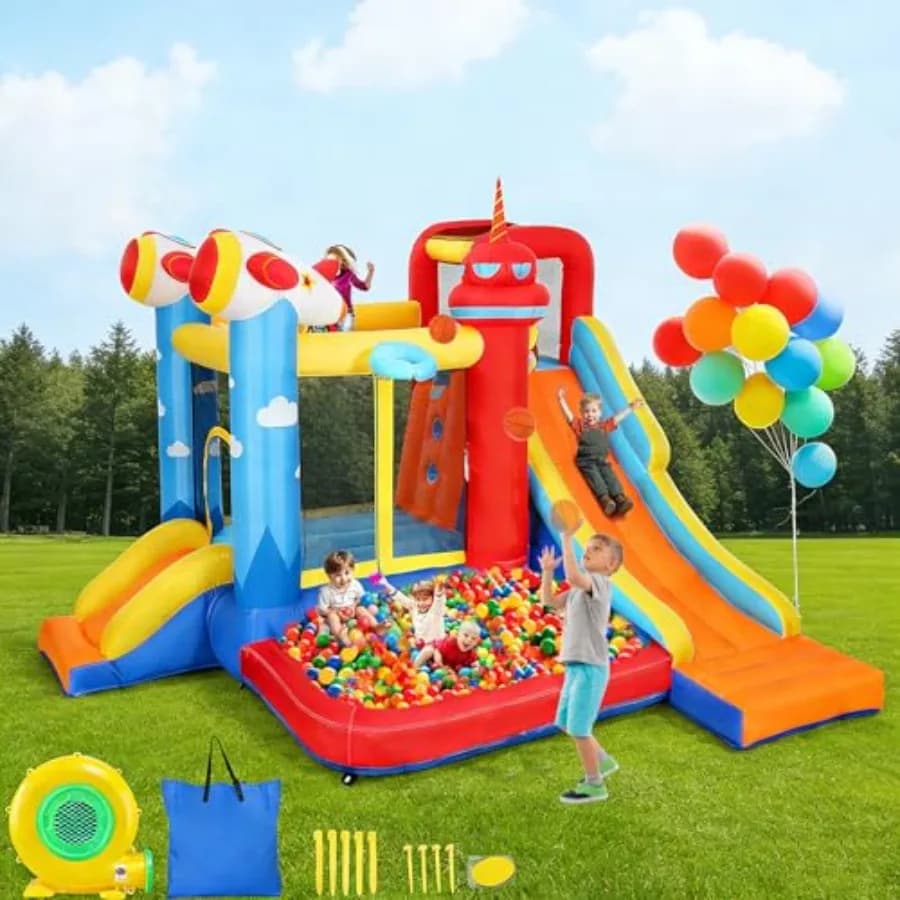 Castello Gonfiabile 7-in-1 con Scivolo d'Acqua, Piscina, Area Rimbalzante, Scivoli, Gioco di Pallacanestro e Freccette per Bambini
