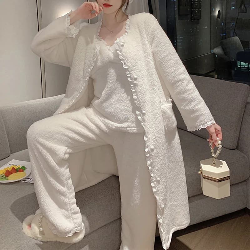 Le donne addensano caldo flanella indumenti da notte inverno corallo pile 3 pezzi pigiama pigiameria Set accappatoio lungo elegante sciolto Homewear pigiama