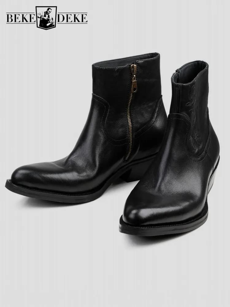 New Mens Zipper Cowskin Ankle Boots Flower Black High Top Shoes Male Pointed Toe Footwear Chic Real Leather Western Style Boots