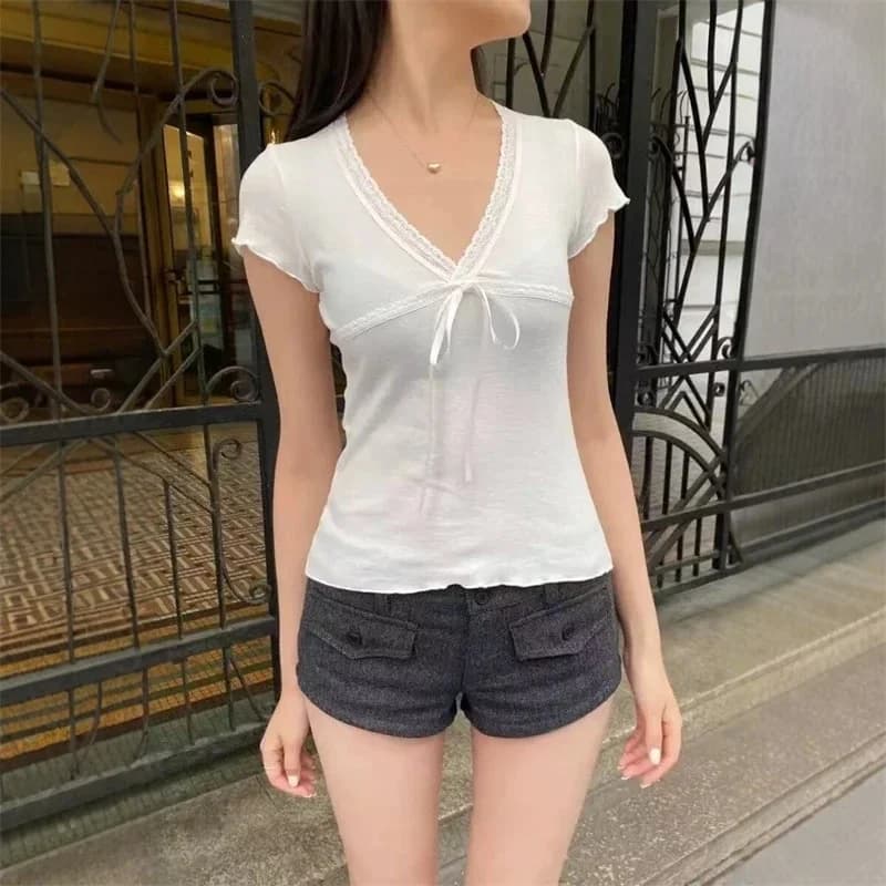 Lace Trim White Slim T-shirt Woman Summer Bow V-neck Fungus Short Sleeve Tee Shirts Female Causal Simple Sweet Cotton Crop Tops