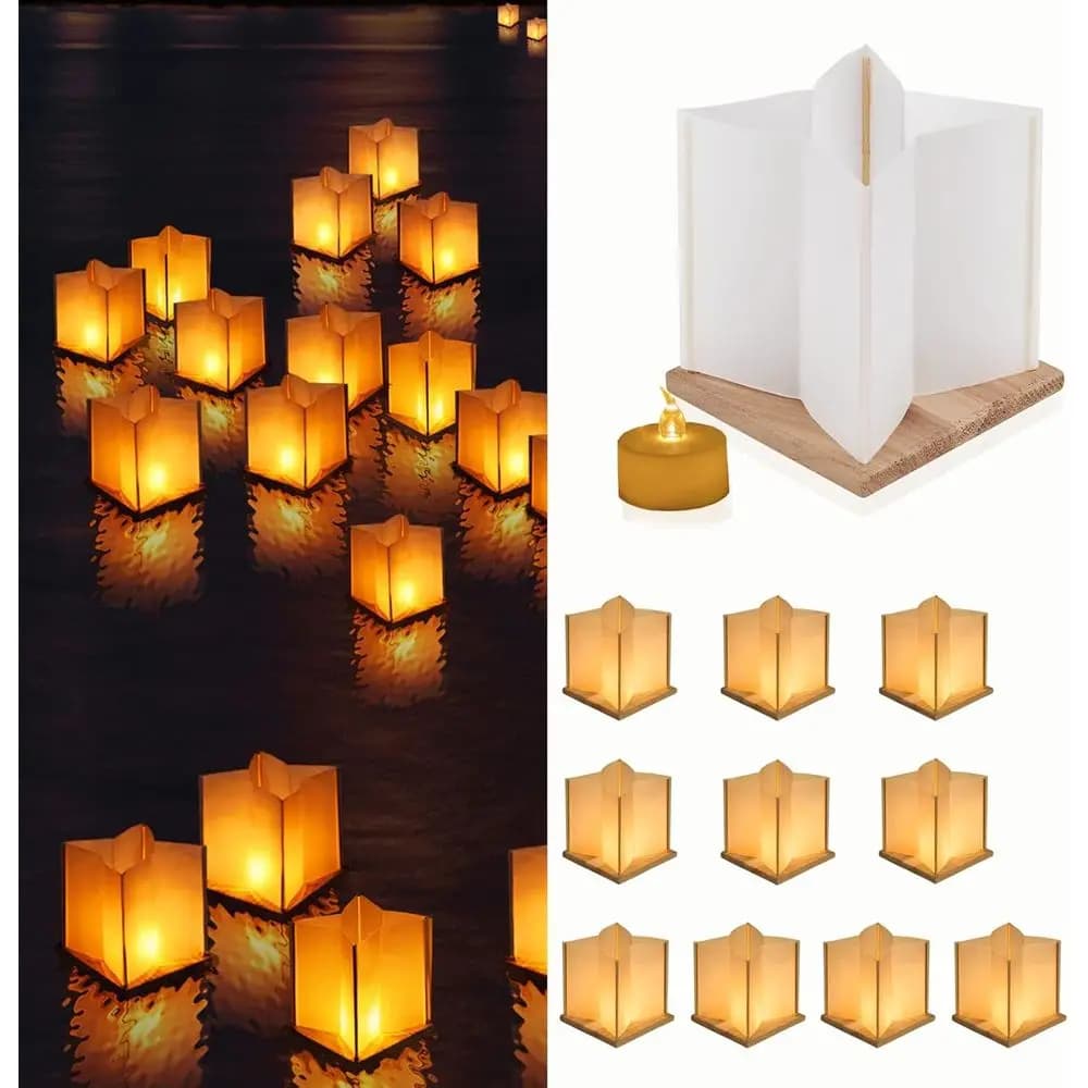 Confezione da 10 lanterne galleggianti a forma di stella da 6 pollici con set di basi in legno impermeabili, decorazioni con lanterne ad acqua in carta e candele LED tealight