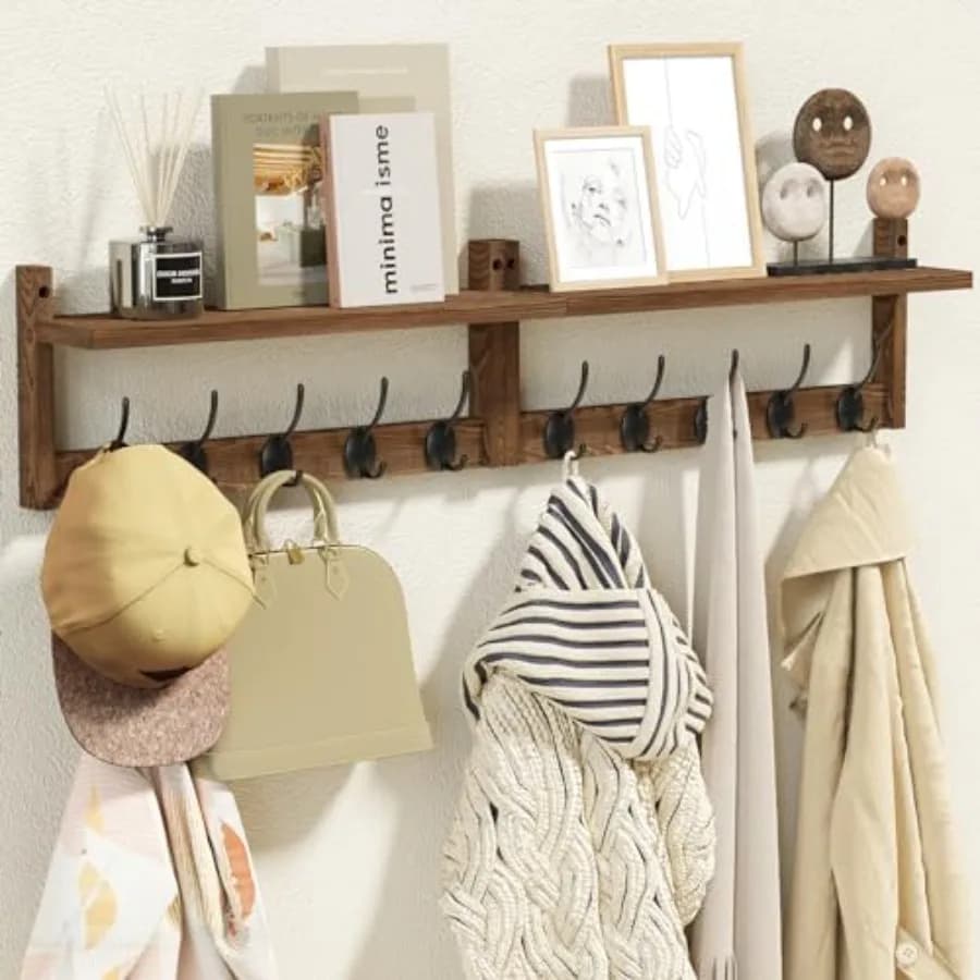Appendiabiti da parete extra lungo in legno da 34,2 pollici con mensola - Soluzione di archiviazione versatile e decorativa da parete - 10 ganci per appendere oggetti