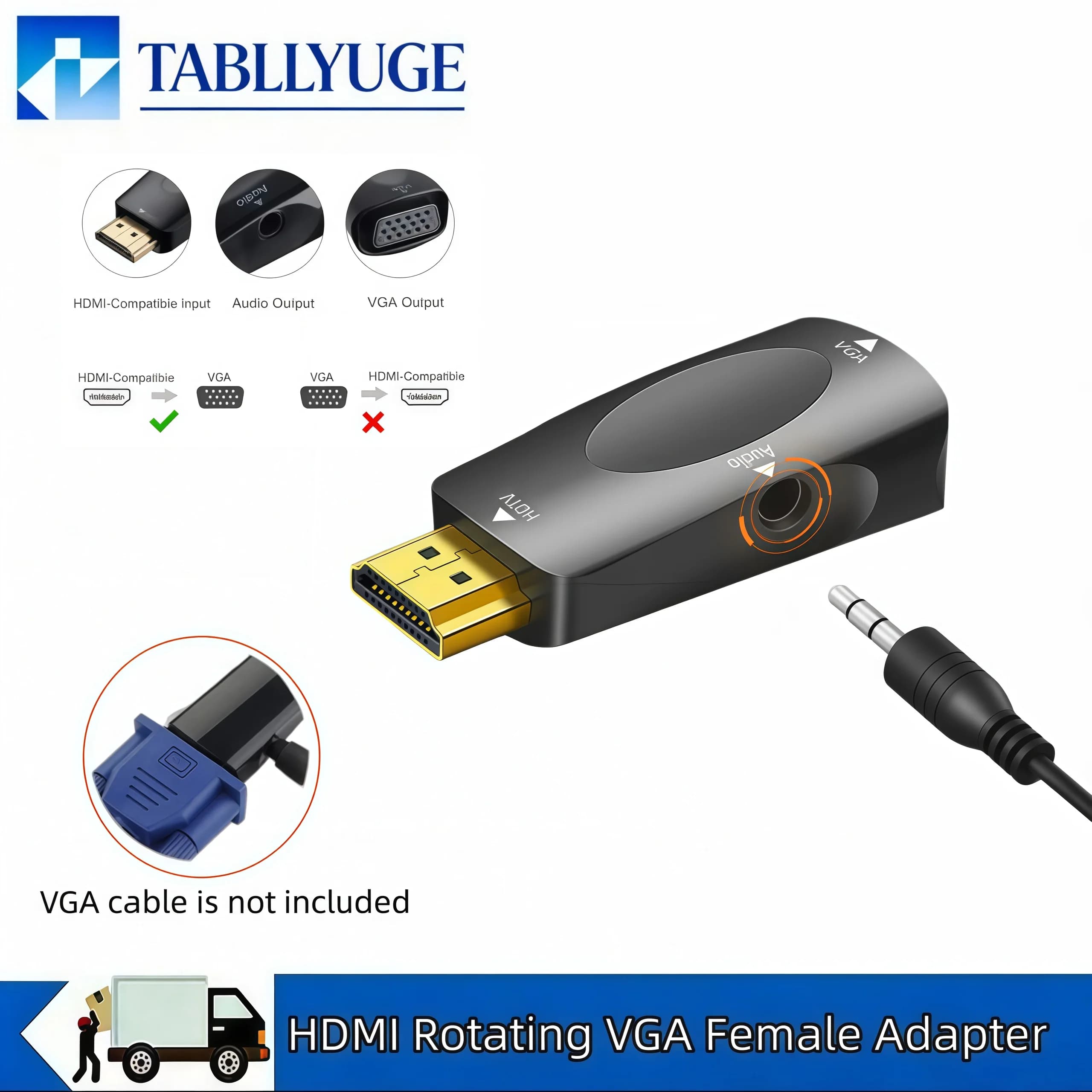 1080P HDMI compatible VGA converter with 3.5mm jack audio cable suitable for TV PC HD for computers and display projectors