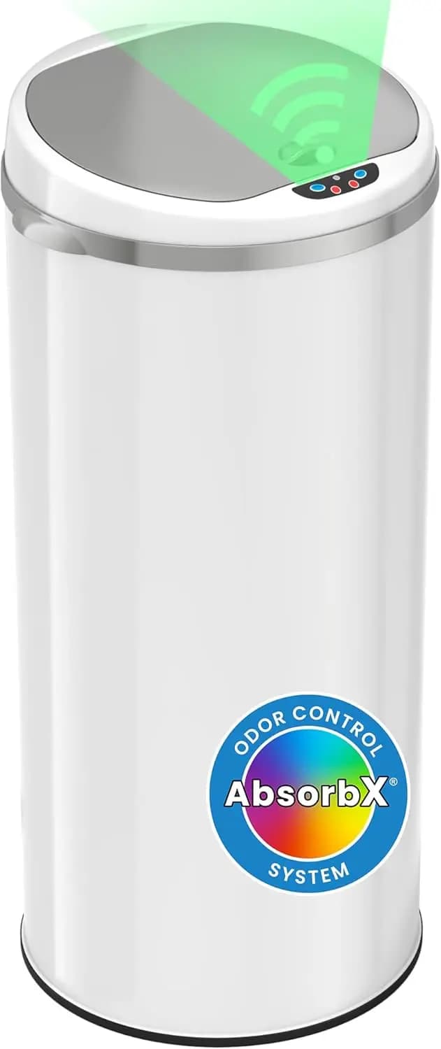 Cestino per Rifiuti da Cucina con Sensore da 50 L / 13 Galloni con Filtro Antiodore - Bidone Automatico Rotondo Bianco in Acciaio Inox per Casa, Ufficio