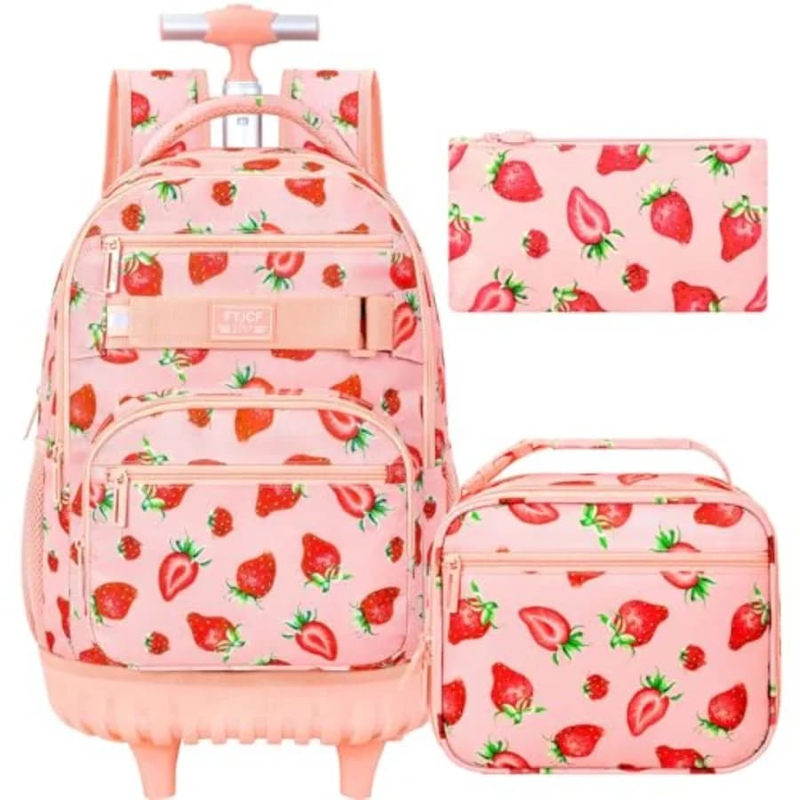 Zaino con Ruote per Ragazze, Zaini Scolastici a Forma di Fragola per Donne, Set di Borse con Ruote Resistenti all'Acqua con Scomparto per Pranzo