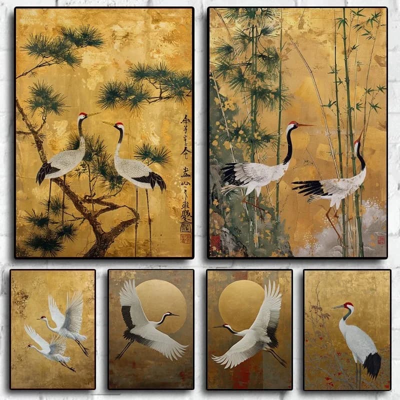 Japanese Elegant Crane Birds Nature Poster Flying Cranes in Gold and White Canvas Painting Asian Wall Art Living Room Home Decor