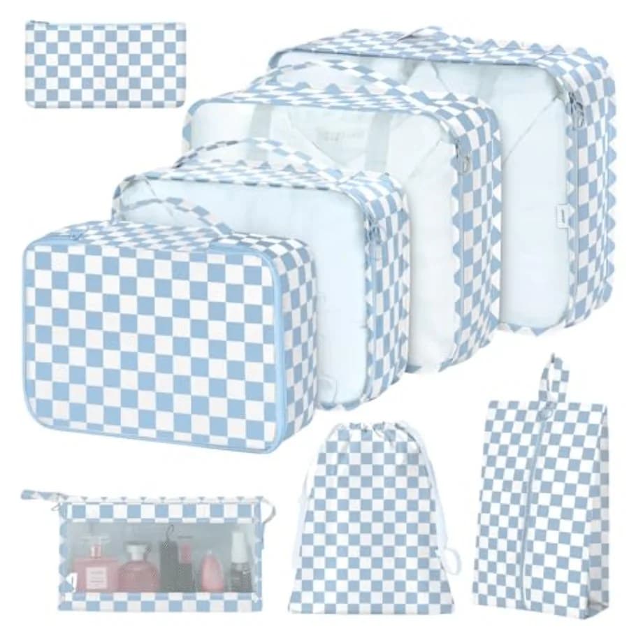 Set di 8 Cubi Organizzatori per Valigie con Borsa per Scarpe, Borsa per Cosmetici, Borsa per Vestiti, Borse per Accessori, Organizer da Viaggio Blu a Quadri