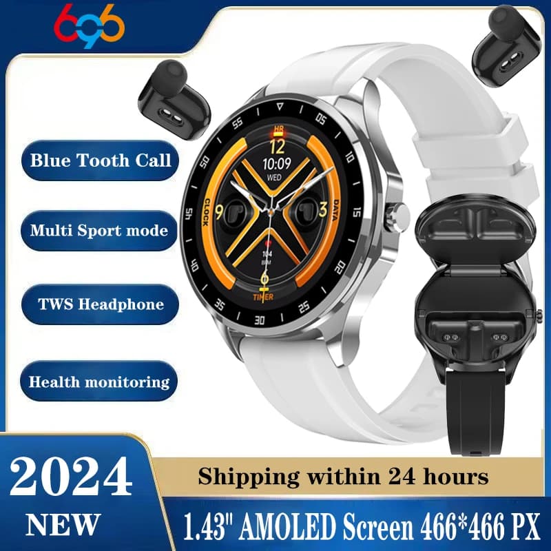Cuffie con riduzione del rumore TWS Smart Watch 2 in 1 NFC Frequenza cardiaca Sport Cuffie impermeabili Orologi Chiamata con dente blu Smartwatch