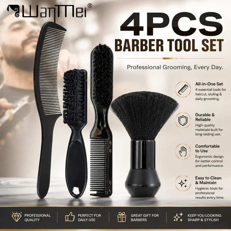 4PCS Professional Barber Hair Cutting Tool Set Hair Styling Comb Cleaning Brush Neck Duster Grooming Kit for Salon Home Use