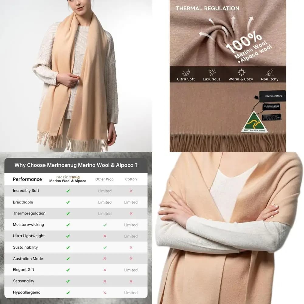 Luxurious scarf in merino wool and alpaca blend, australian pashmina shawl, soft wrap similar to cashmere for women winter holidays