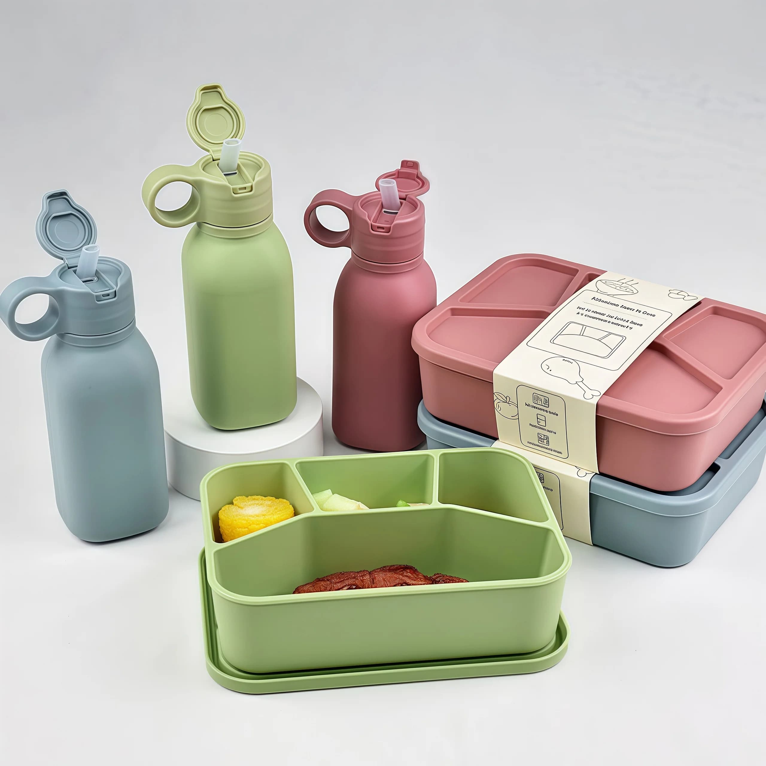 Set bottiglia d'acqua e portapranzo in silicone, regalo per stoviglie, bottiglia d'acqua sportiva a prova di perdite con cannuccia, pranzo in ufficio e scuola