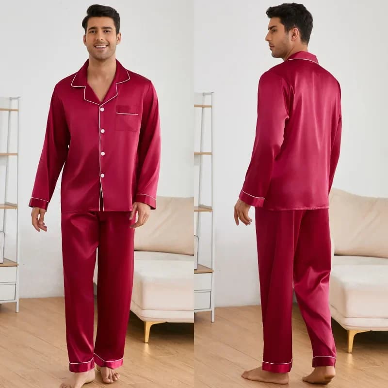 Pigiama da uomo in raso da notte Set top a maniche lunghe con pantaloni Pigiama Pj Set pigiama autunnale morbido e confortevole Set pigiama da casa