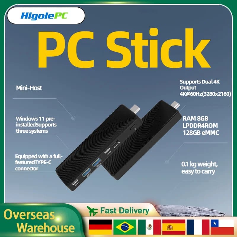 Mini PC Stick Higole Fanless con Intel Windows 11, WiFi5, 8GB RAM, 128/256GB, J4105, HDMI 4K, TV Stick, Computer Desktop Portatile