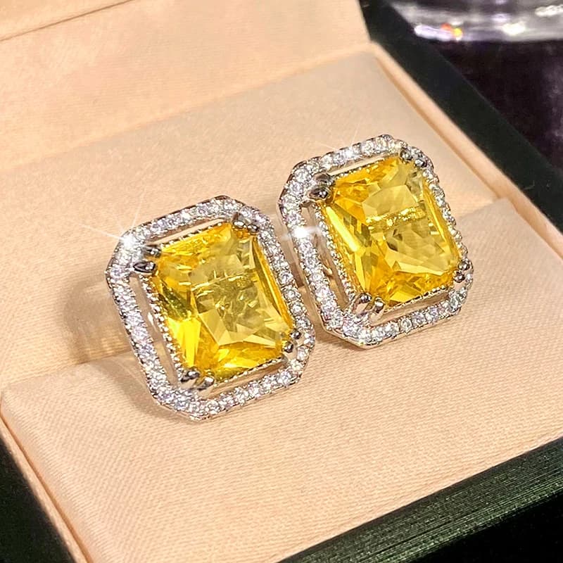 Orecchini a Perno Quadrati con Zirconia Cubica Gialla, Eleganti e Brillanti, Accessori di Moda per Matrimoni e Feste