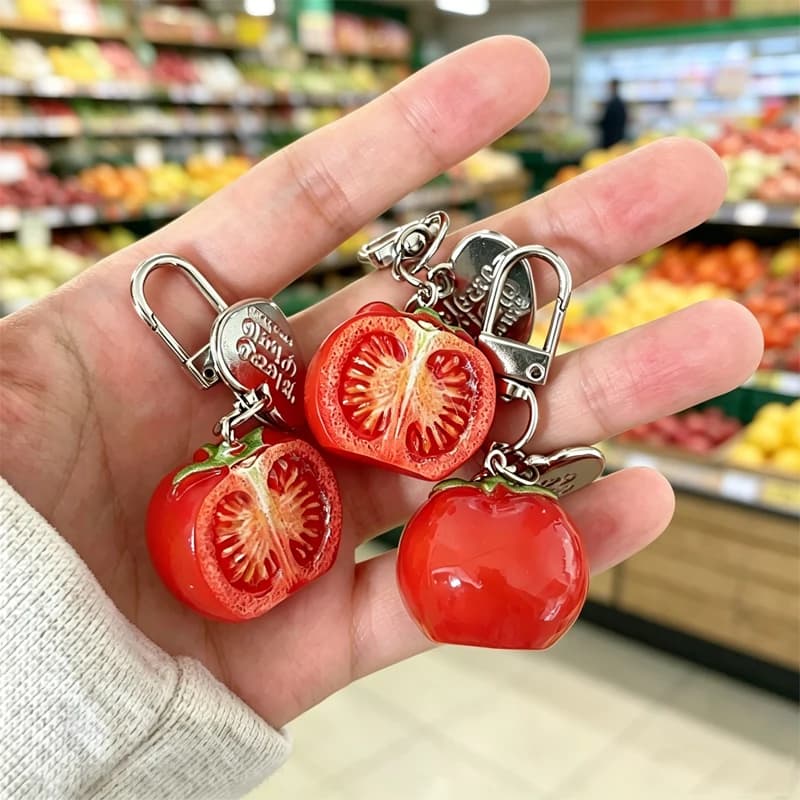 1/3Pcs Realistic 3D Red Tomato Keychain Aesthetic Fruit Key Ring Bag Charm Pendant for Backpack Purse Creative Gift for Adults