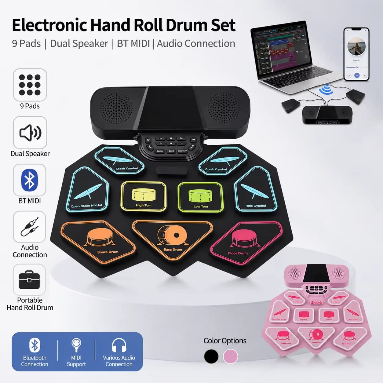 Portable Hand‑Roll Electronic Drum Kit 9 Ultra Thick Pads Dual Speaker BT MIDI Audio Connection Roll‑up Drum Set For Beginners