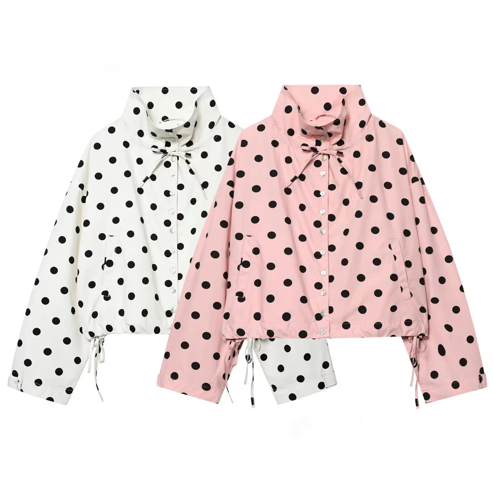 European and American style 2026 spring new women's casual versatile bow tie embellished polka dot stand up collar jacket