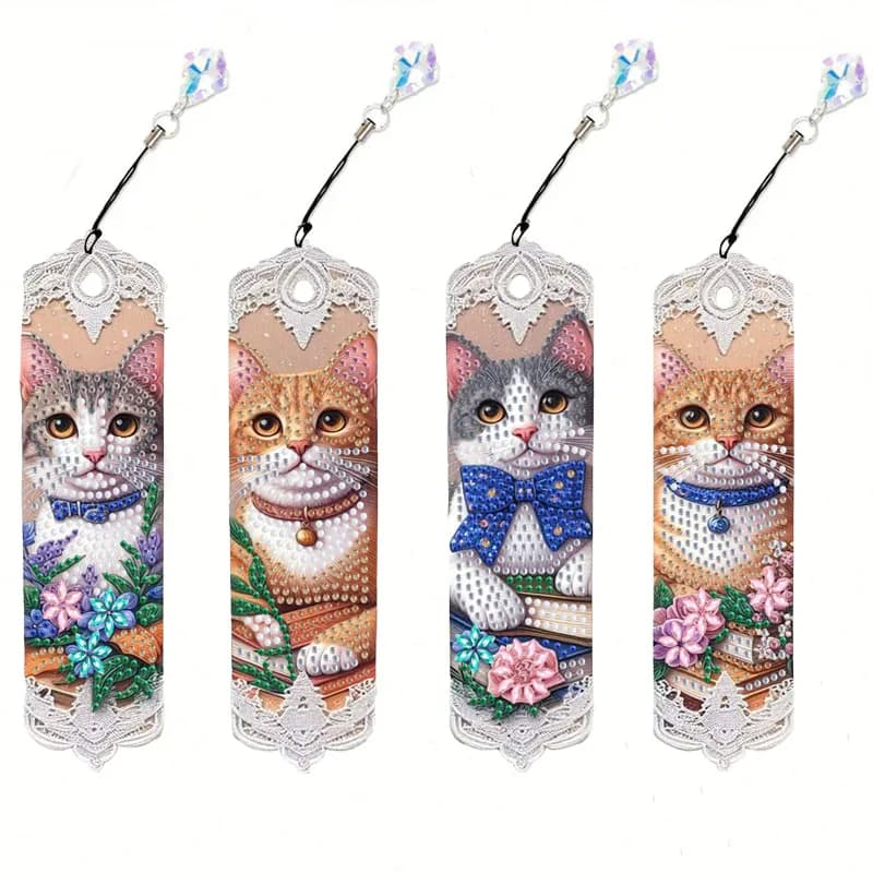 4 Kitten Diamond Painting Art bookmark set Panda Dream Catcher, 5D Special shape diamond painting bookmark with pendant.