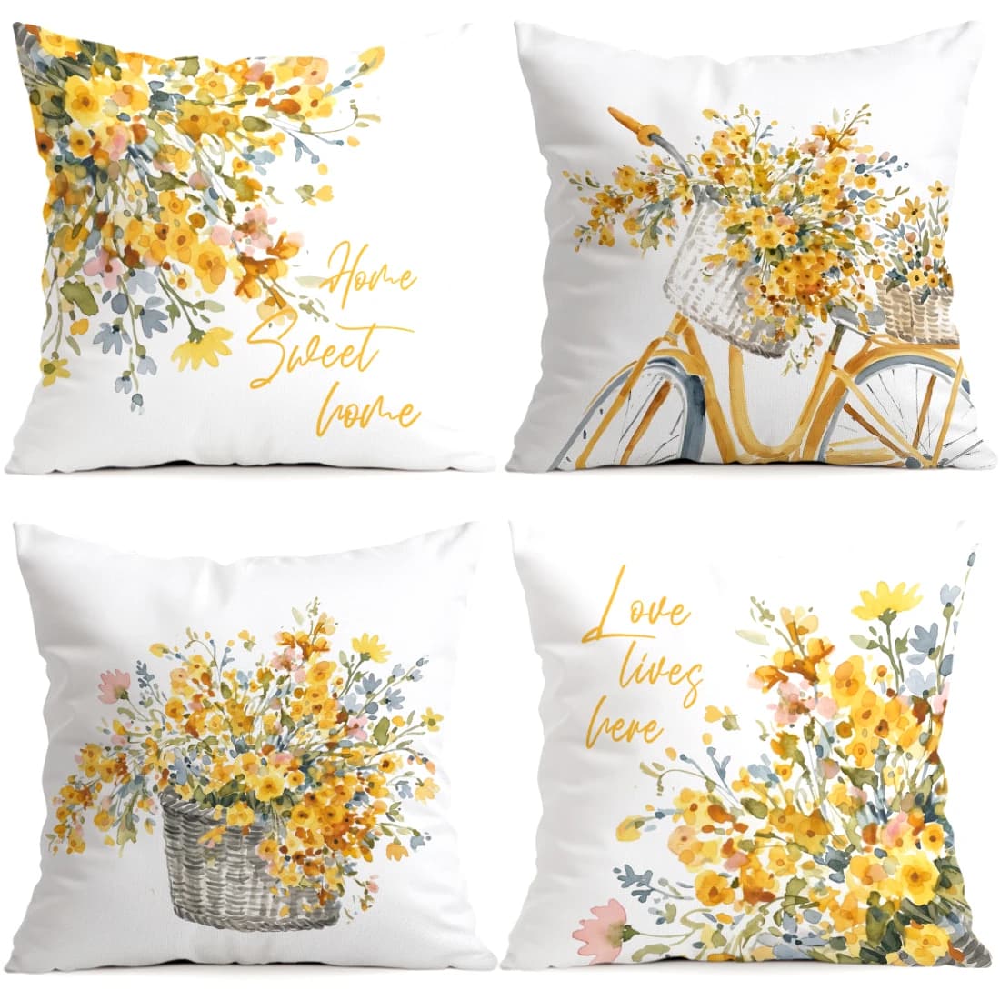 Yellow Floral Bicycle Flower Basket Cushions Pillowcase Polyester Cushion Cover Throw Pillow Pillowcover Home Car Sofa Decor