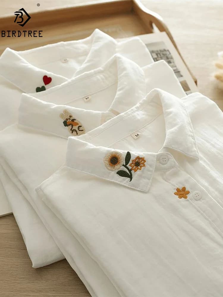 Nuova estate filato di cotone camicia a maniche corte risvolto cartone animato ricamo Top Mori Girl allentato dolce moda camicetta 2024 autunno T47205QM