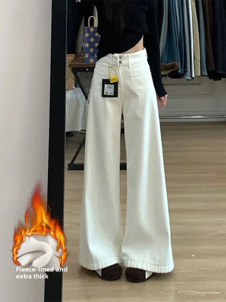 Jeans a Vita Alta con Fodera in Pile e Gamba Larga da Donna, Pantaloni Invernali Morbidi e Comodi, Effetto Snellente, Lunghezza al Pavimento, Casual in Misto Cotone