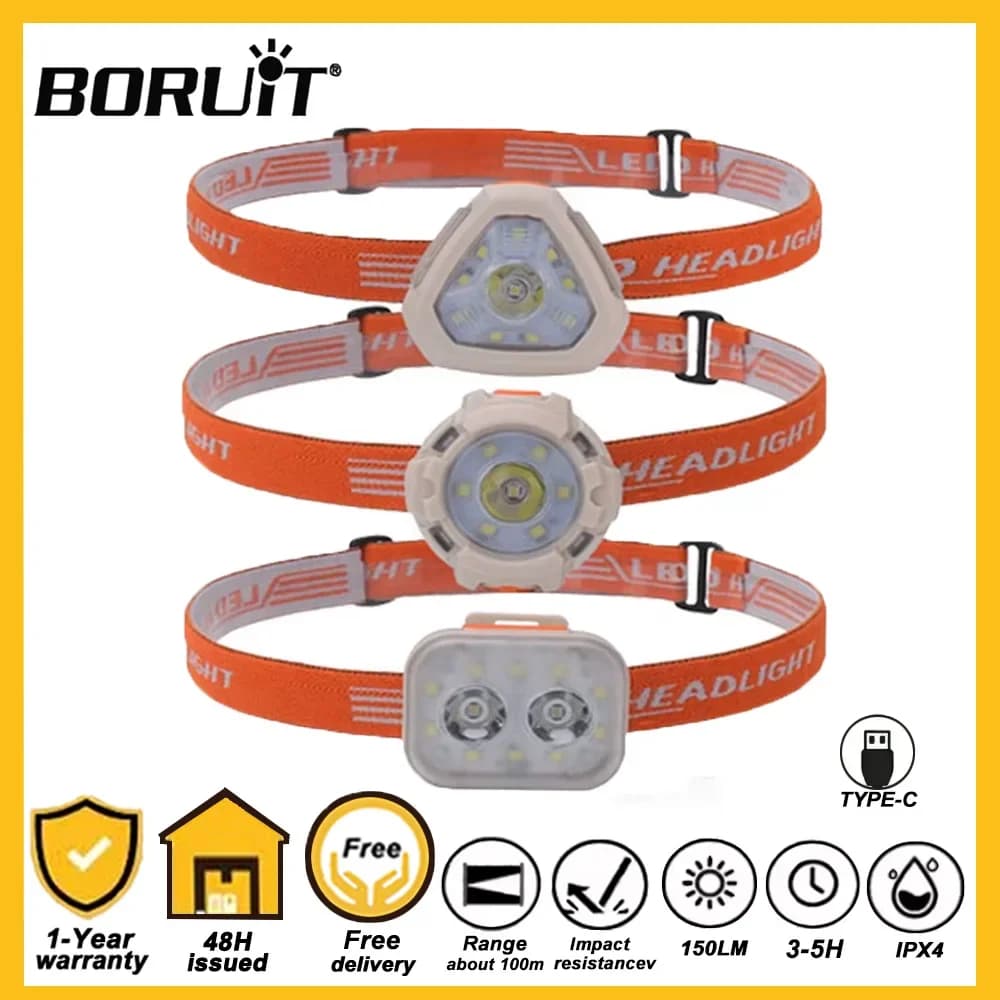 BORUiT LED Front Lamp with Clip, USB-C Rechargeable, Portable, Mini Flashlight Waterproof for Camping and Open Fishing