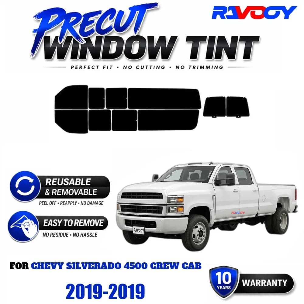 RAVOOY Precut Window Tint, Reusable Removable EPU Film, Custom Fit for Chevy Silverado 4500 Crew Cab 2019, UV Heat Protection