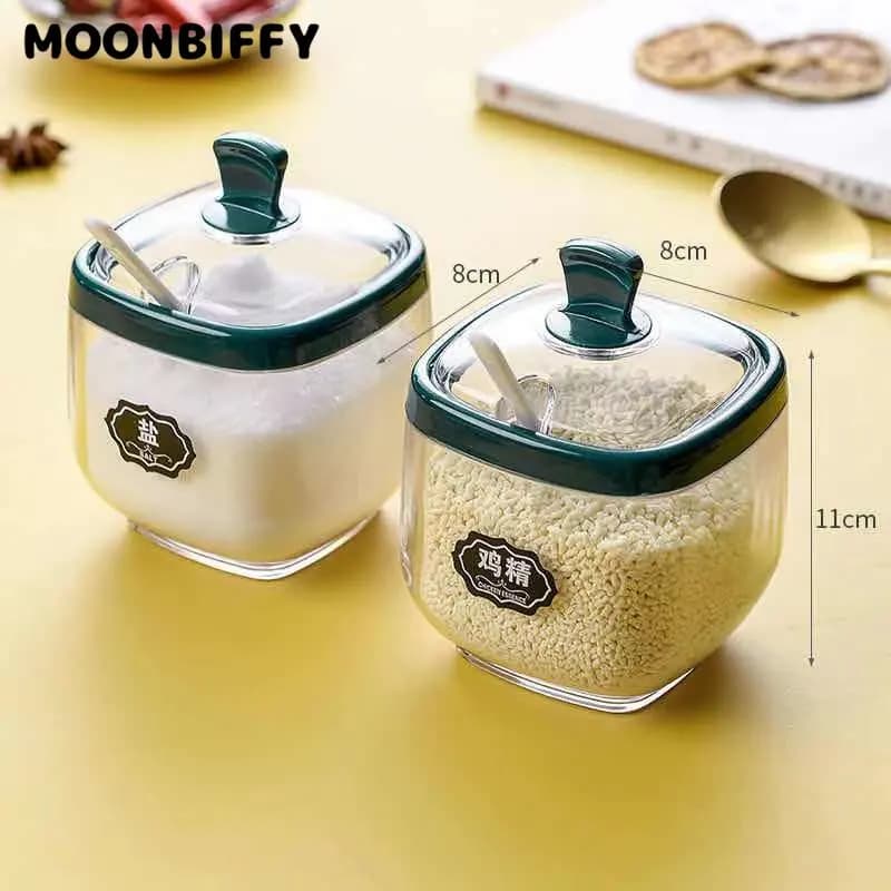 Set di barattoli di condimento in plastica per bottiglie di spezie con cucchiaio, saliera, contenitore per zucchero, ciotola per salsa, dispenser e base per spezie da cucina