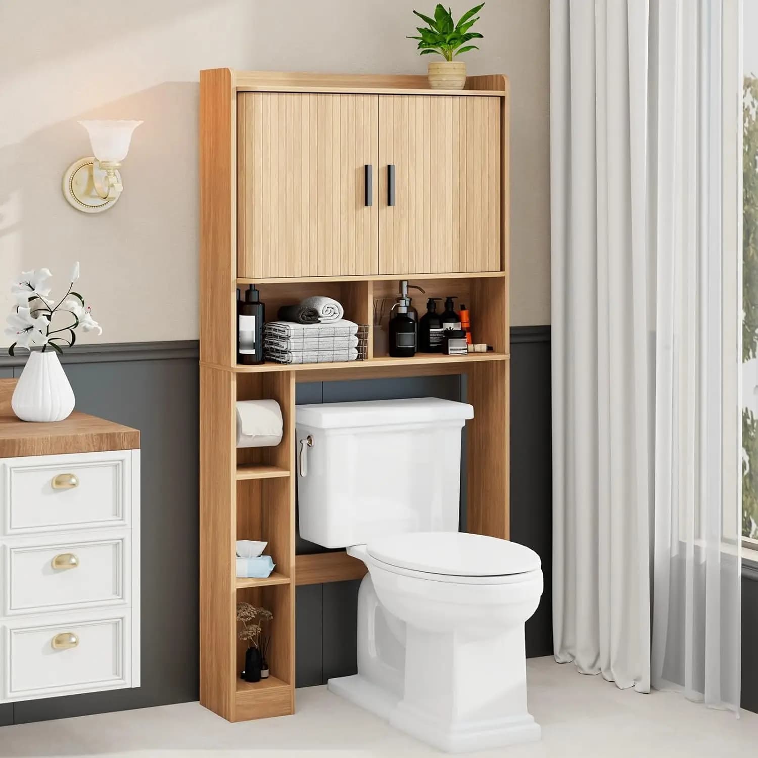 Mobiletto Sopra WC con Ante Scorrevoli, Portarotolo e Portasciugamani per Bagno, Lavanderia, Personalizzabile