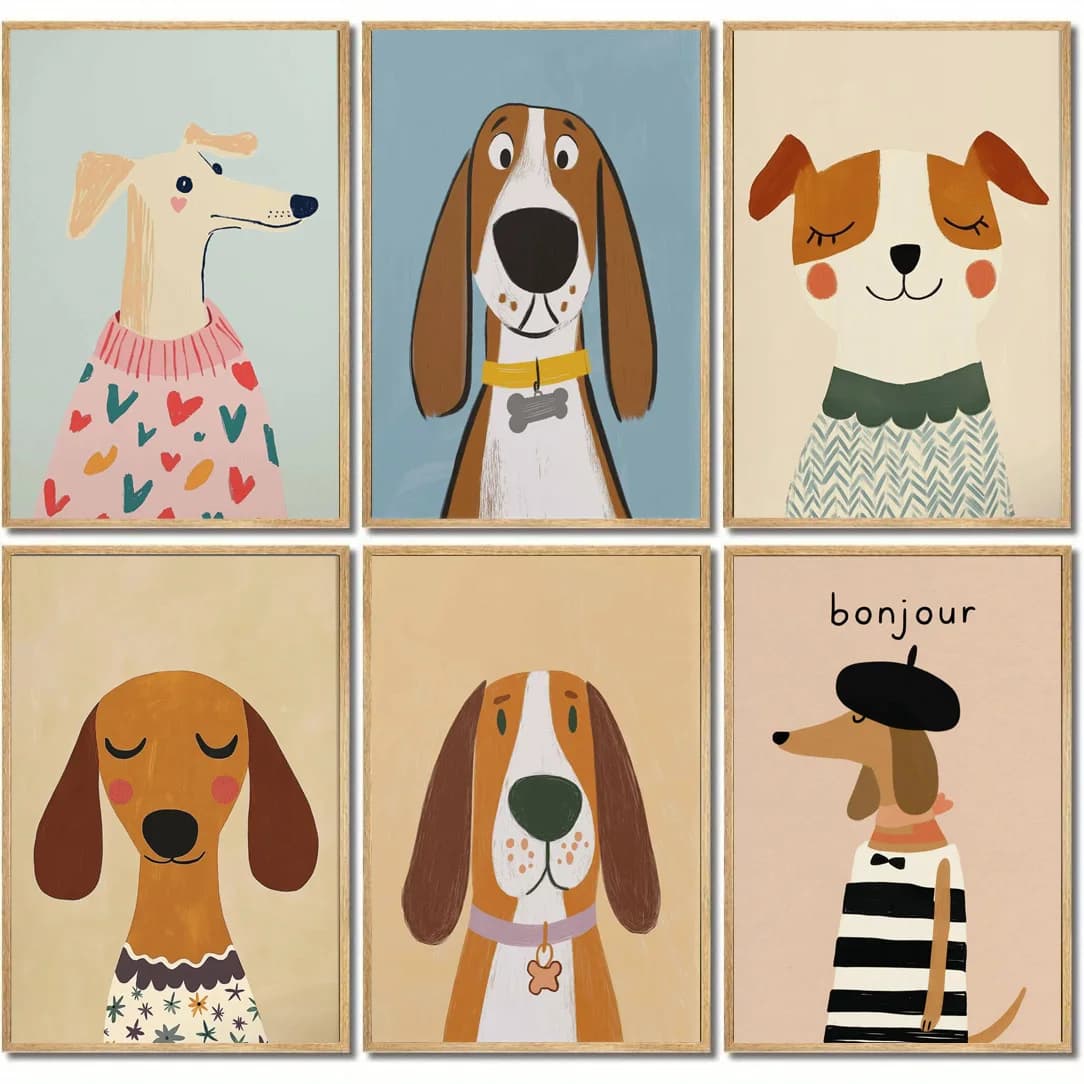Estetica minimalista del cane Poster Bassotto Bagel Hound Whippet Barboncino Moderno Ritratto di animale domestico Illustrazione Decorazione di animali domestici