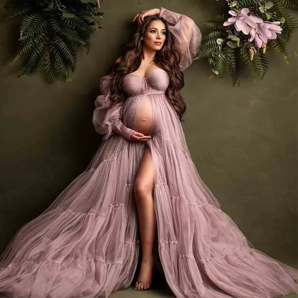 Soffici abiti da ballo con scollo a cuore per servizio fotografico o baby shower Maniche lunghe Abito da servizio fotografico con spacco alto e strascico