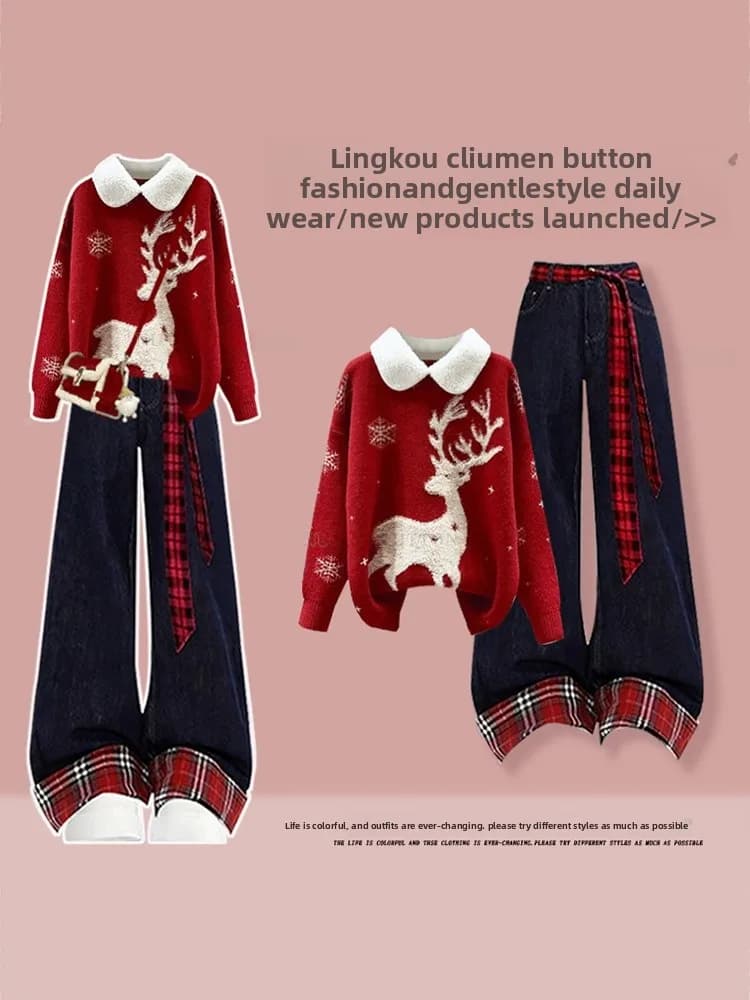 Faionable Set maglione lavorato a maglia e jeans da donna Cisas Red Deer Aosphere Thiened Long Sve Loose Fit Vintage Sle