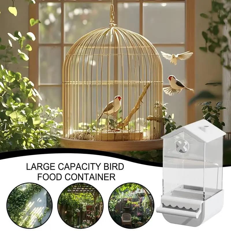 Mangiatoia automatica per uccelli Mangiatoia per parrocchetti per interni Lovebird Contenitore per alimenti Forniture per alimentazione a prova di spruzzi per pappagalli di calopsitte