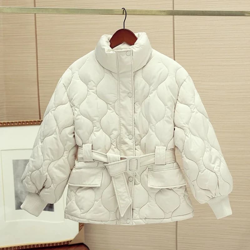 New Autumn Winter Down Cotton Coat Female Parkas French Stand-up Collar Belt Long-sleeved Cotton-padded Jacket Woman Outerwear