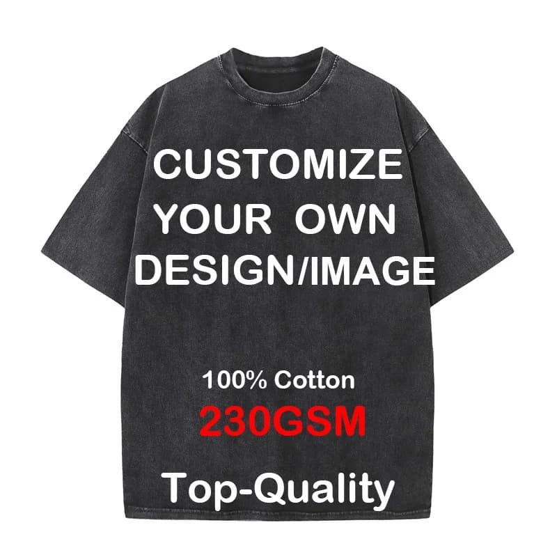 Customize your LOGO Hip Hop Streetwear Man Cotton T-shirt 100% T-shirt oversize washed Top unisex Summer retro Brand