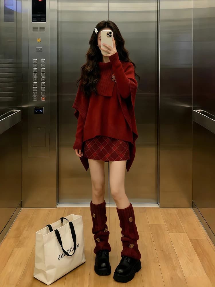 Set Maglione e Gonna a Quadri Rossi Taglie Forti da Donna, Completo Autunnale Invernale alla Moda a Vita Alta, Stile Casual Comodo