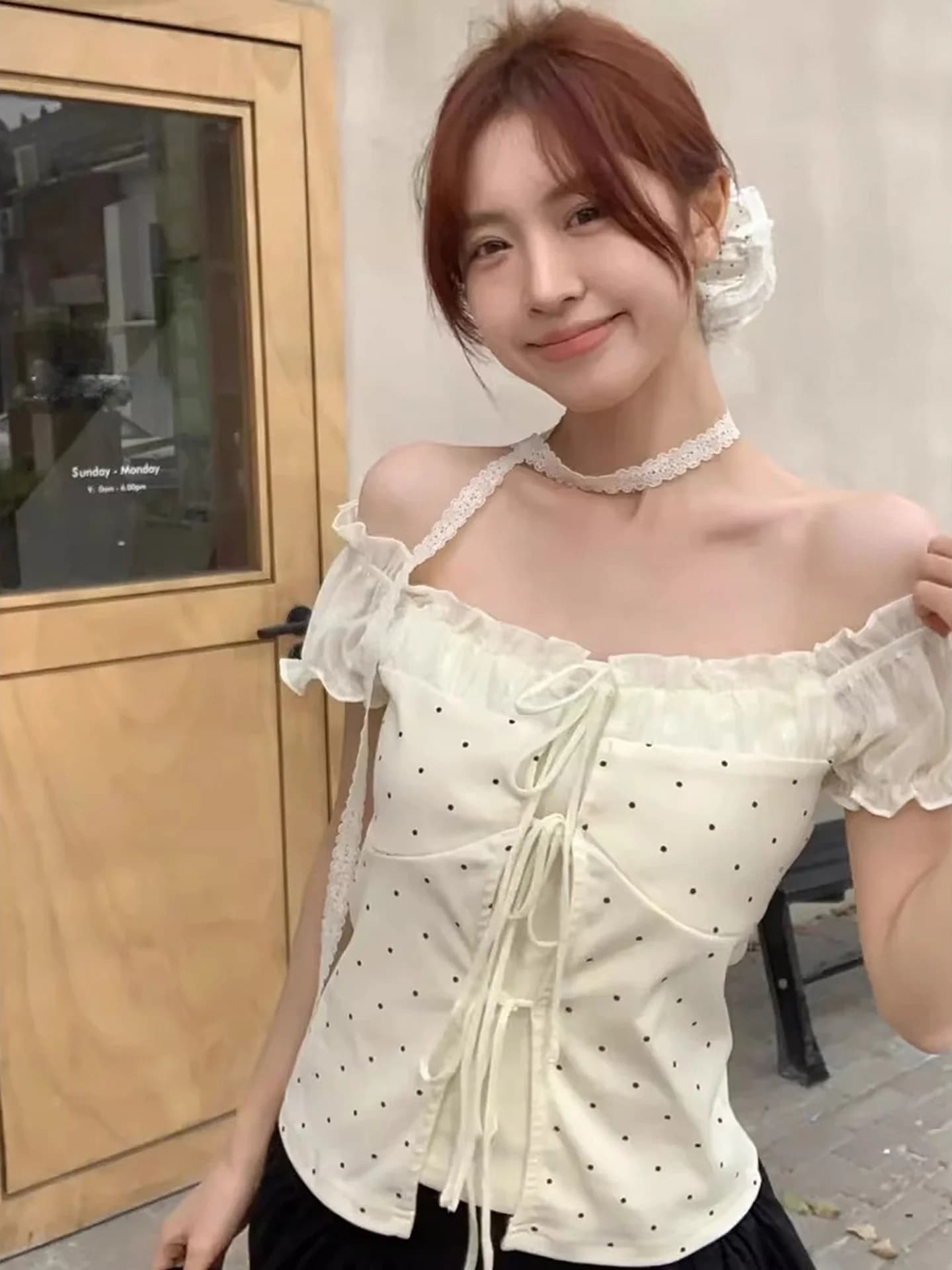 Summer Polka Dot One Shoulder Short Sleeve T-Shirt Women's Spicy Slim Fit Design Belted Bubble Sleeve Top Korean Style Commute