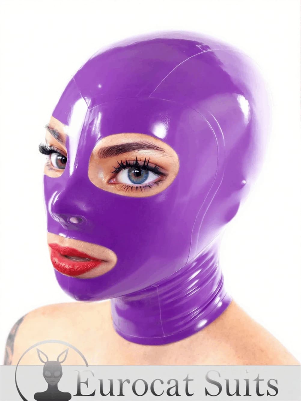 maschera di gomma cappuccio in lattice viola da donna copertura integrale con aperture per la bocca degli occhi copricapo in gomma moda cosplay personalizzata