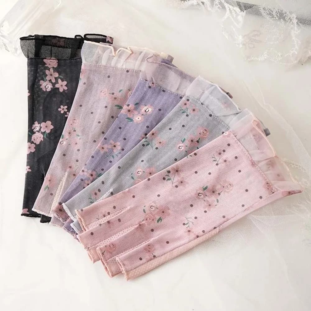 1 Pair Breathable Sunscreen Half-finger Gloves Silicone Anti Slip Quick Dry Lace Mesh Gloves Thin Floral Printed