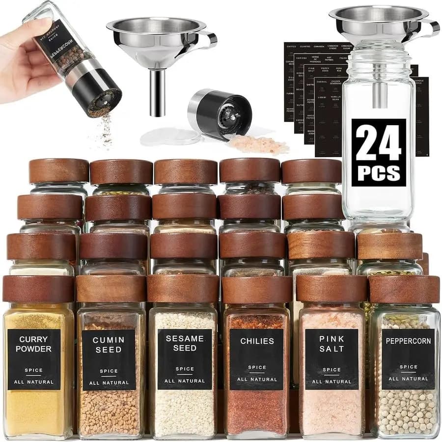 Set di 24 Barattoli in Vetro per Spezie con Etichette, Contenitori Quadrati da 4OZ con Coperchi in Legno e Macinapepe, Barattoli per Condimenti con Imbuto