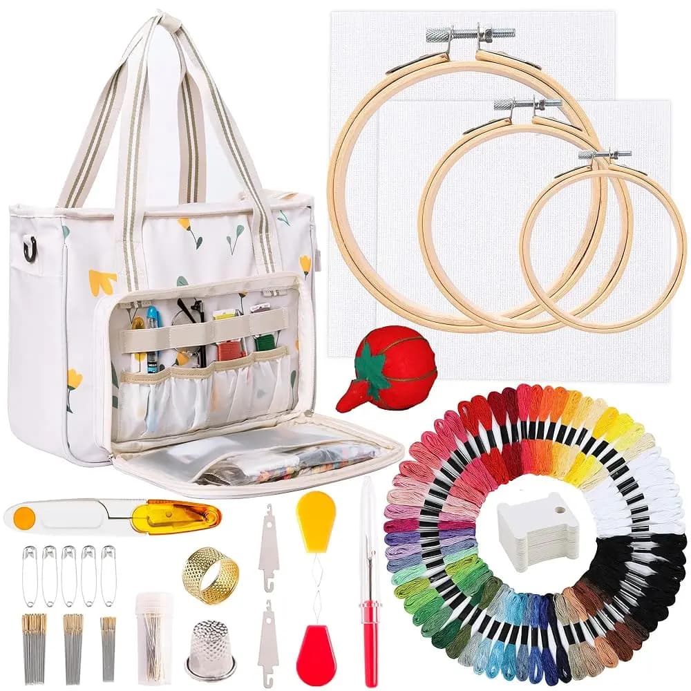 Kit per Principianti di Ricamo, Borsa Organizer per Ricamo con Filo da Ricamo, Telaio e Tela Aida, Kit per Punto Croce