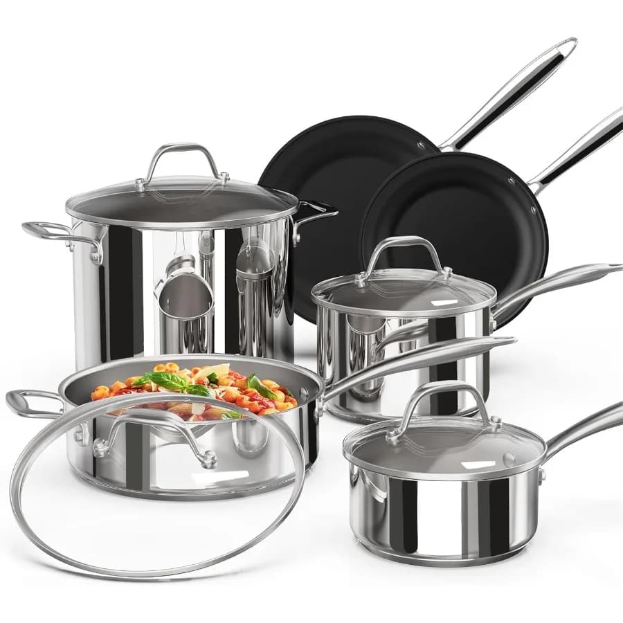 Set di pentole e padelle in acciaio inossidabile Set di pentole da cucina da 10 pezzi con padelle antiaderenti e coperchi in vetro Set di pentole a induzione