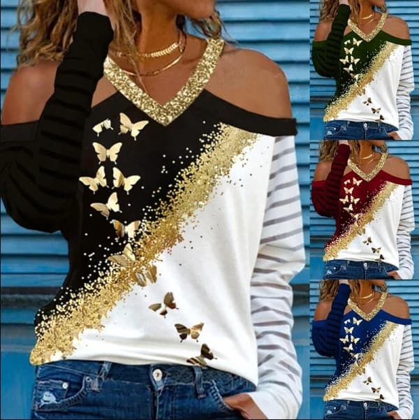 T-Shirt moda primavera ed estate nuova camicetta donna stampata a maniche lunghe senza spalline causale allentata con scollo a v