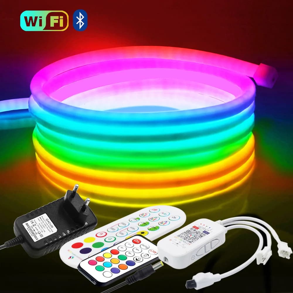 WS2811 LED Strip Neon Light RGB Rainbow 360 Round Tube Silicone rope lights Wifi Smart Remote Control 24V Power Kit Waterpoof