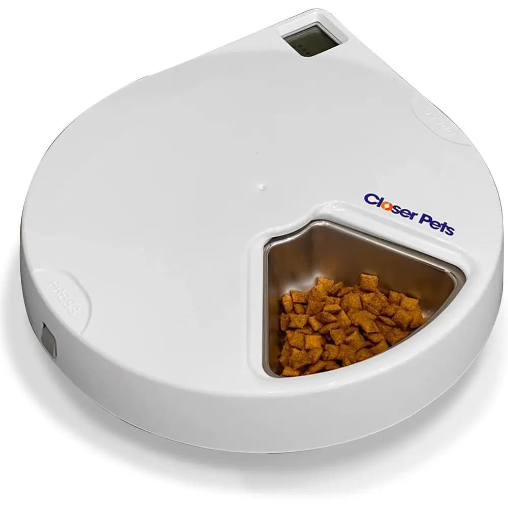 Distributore Automatico di Cibo per Animali Domestici a 5 Porzioni con Ciotola in Acciaio Inox, Pacchi Refrigeranti, Adatto per Cibo Umido o Secco, Fino a 0,33 kg per Pasto, Bianco