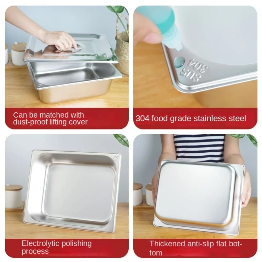 Durable 304 Stainless Steel 1/9 1/6 1/4 1/3 1/2 Food Pan Thickened with Lid GN Pan Easy To Clean Food Container Chafing Buffet