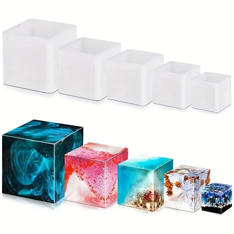 Stampo in resina quadrata da 5 pezzi in silicone, stampo per versamento in resina epossidica, scatola fai da te, stampo in resina, set di resina siliconica, cubo trasparente in silicone