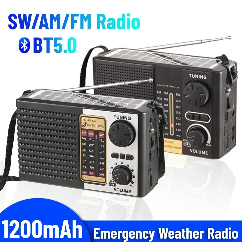 Radio meteorologica di emergenza AM FM SW, radio solare alimentata a batteria, compatibile con Bluetooth 5.0, radio solare portatile per campeggio all'aperto