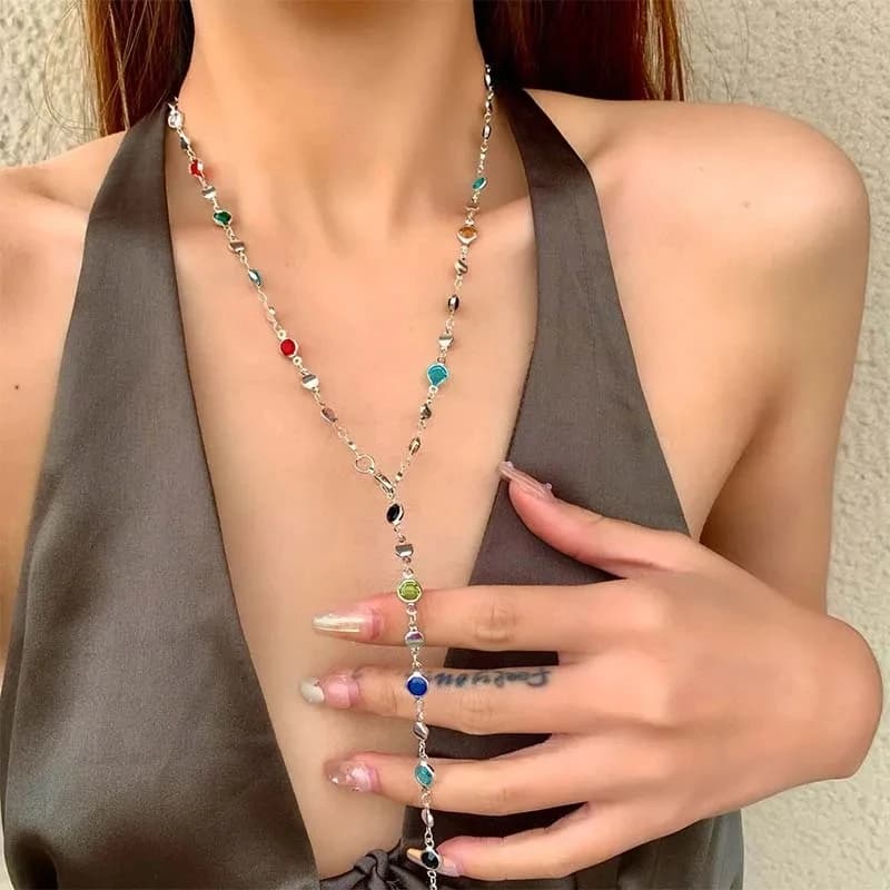 LATS Nuova collana lunga colorata di lusso con nappa per le donne, strass lucidi, cristallo, zircone, girocollo, gioielli bohémien